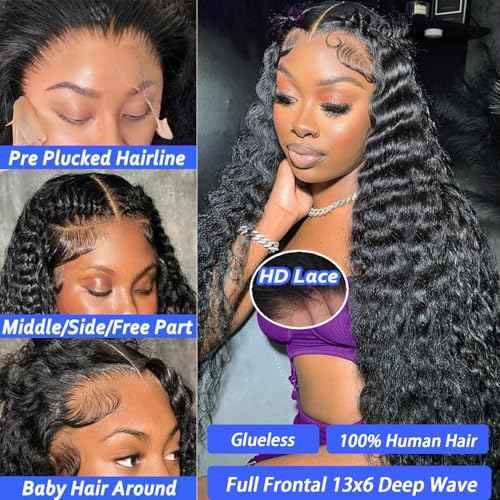 Manorshen 20Inch 13x6 Wet and Wavy Deep Wave Lace Frontal Wigs Brazilian Virgin Lace Front Deep Curly Wave Glueless Human Hair Pre Plucked Wig 180% Denisty With Baby Hair Natural Black