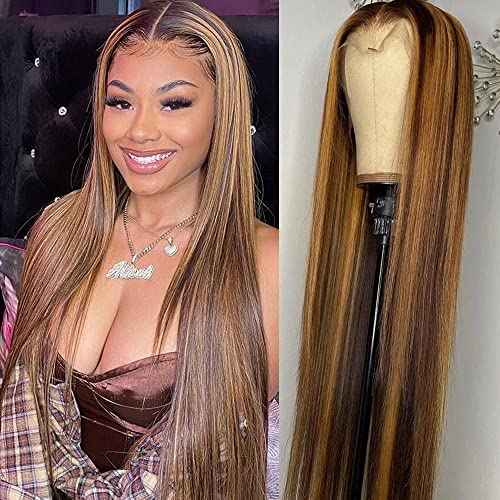 VIPbeauty Ombre Lace Front Wig Human Hair 4/27 Highlight 13x1x6 Deep Parting Transparent Lace Front T Part Wig Brown Blonde Colored Brazilian Virgin Human Hair Wig For Black Women 18 inch