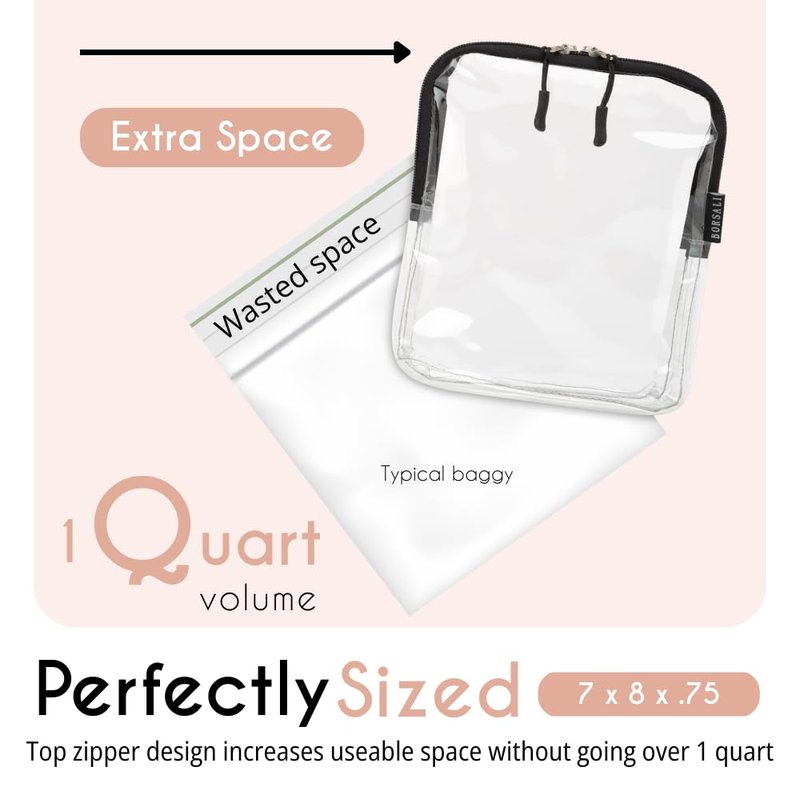BORSALI TSA Approved Clear Toiletry Bag - Quart Size for 3-1-1 Liquids | Travel Organizer - 2 Pack