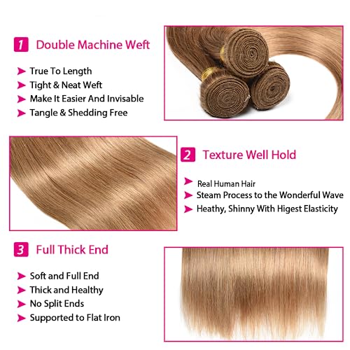 Color 27 Straight Human Hair Bundles Brazilian Virgin Hair Color 27 Bundles Human Hair 14 16 18 Inch Honey Blonde Remy Hair Extensions