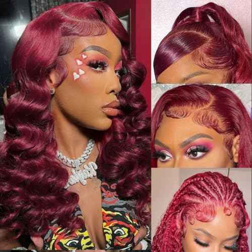 Burgundy Wig Human Hair Wigs for Black Women13x4 Deep Wave Lace Front Wigs Pre Plucked 200% Density 99j Loose Deep Wave Wigs Red Wine Virgin Glueless Wig24 Inch