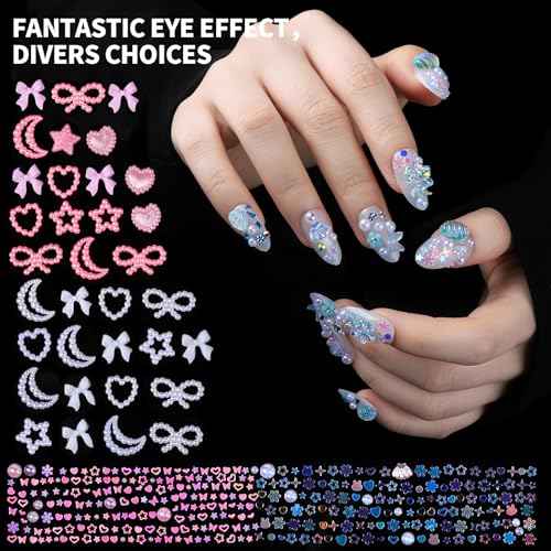 FAMDAMEI 24 Grid Nail Charms, Nail Art Kit with Multi Shapes Nail Charms and Gems, Flatback AB Nail Rhinestones Gold Nail Pearls, Charms Y2K for Nails, 3D Hawaii Flowers Nail Jewels for Nail Design