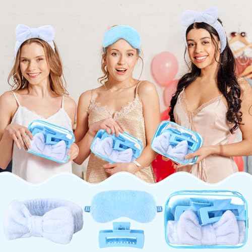 Hoteam 24 Pcs Sleepover Spa Party Favors Supplies 6 Spa Headband 6 Plush Sleep Eye Mask 6 Hair Claw Clips 6 Clear Cosmetic Bags for Slumber Party Christmas Gift(Blue)
