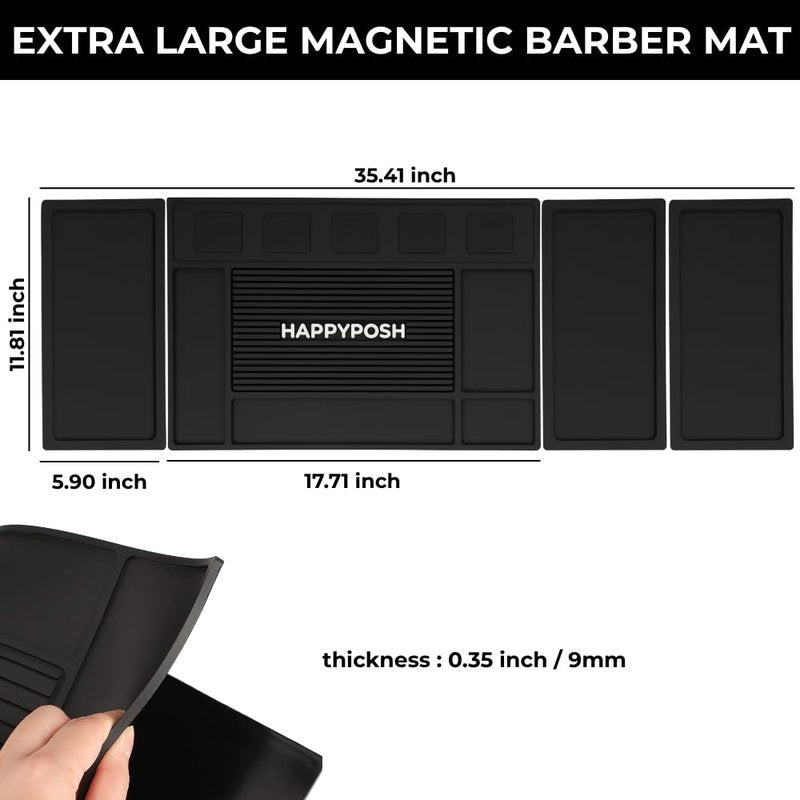 HAPPYPOSH Modular Magnetic Barber Mat Set 4PCS with 5 Strong Magnets, Extra Large Barber Station Mat, Full Workstation Setup for Clippers & Tools, Non-Slip Rubber Organizer for Professional Barbers