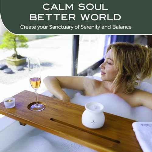 Grand Fjord | Teak Bathtub Tray for Large Soaking Tub | Extra Long 35¡± Luxury Bath Caddy for Freestanding Tubs | Minimalist Wooden Tub Tray with Candle Holders & Premium Towel by JapandiSpirit