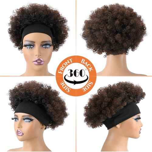 Afro Curly Headband Wig for Black Women,Short Kinky Curly Synthetic Wig with Super Elastic Headband Glueless Quick Wear And Go Fluffy Bouncy Afro Wig for Daily Party(T33)
