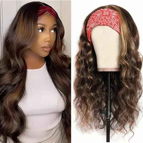 Ombre Headband Wig Human Hair #4/27 Highlight Body Wave Headband Wig Glueless None Lace Front Wig Brazilian Virgin Human Hair Wigs for Black Women Wear andGo Wig 180% Density 20 inch