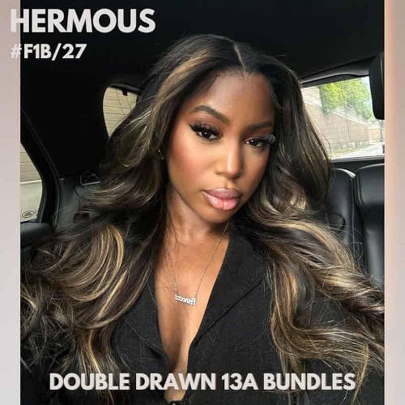 #F1B/27 Human Hair Bundles 13A Double Drawn Bundle Body Wave 24 Inch, Thick Honey Blonde Highlight Sew In Bundles 100% Unprocessed Remy Hair Colored Ombre Single Bundle Quick Weave Extension