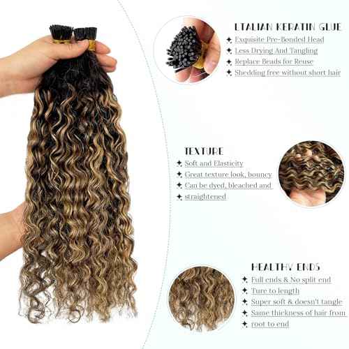 Curly I Tip Hair Extensions, Highlights I Tip Human Hair Extensions Natural Black Highlight Honey Blonde Human Hair Water Wave I Tip Extension Remy Human Hair Add Volume and length 28Inch 50g 1g/s