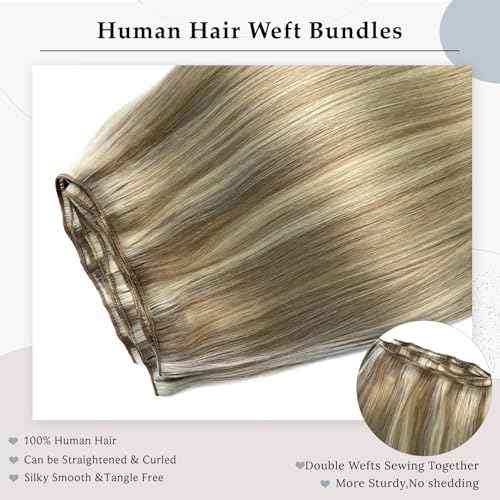 Balayage Blonde Hand Tied Weft Hair Extensions Human Hair 20 Inch Sew in Hair Extensions Real Human Hair 100G Ash Blonde Balayage Blonde Real Human Hair Weave Bundles Weft Extensions
