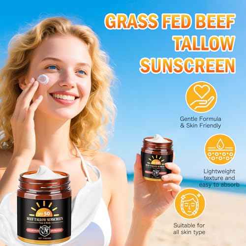 Beef Tallow Sunscreen with Zinc Oxide, Non Toxic Sunscreen SPF 50, Safe, Clean Non-Greasy Formula for Face and Body, Sun Balm for Sunmmer Outdoor Travel, 4 OZ