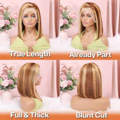 Bob Wig Human Hair 13x4 HD Lace Frontal Short Straight Lace Front Bob Wigs for Black Women Human Hair Pre Plucked Glueless Side Part 180% Density Ombre Highlight 4/27 12 Inch