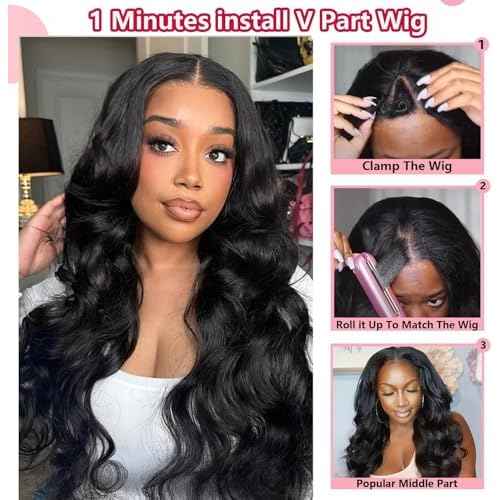 V Part Wig Human Hair Body Wave Upgrade U Part Human Hair Wig Beginner Friendly Clip In V Shape Wigs for Women Natural Black Color 20 Inch