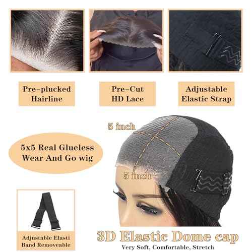 Wear and Go Glueless Wigs Human Hair Pre Plucked Pre Cut 5x5 HD Closure Wigs Human Hair Deep Wave Lace Front Wigs for Black Women 210% Dentisy 12A Deep Curly Glueless Wig Bleached Knots (24 Inch)