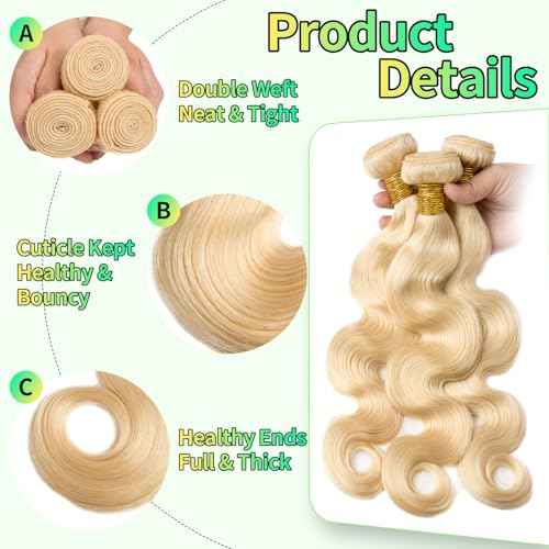 Human Hair Bundles Body Wave Blonde Color, 26 Inch - 1 Bundle - #613, Antousha Body Wave Bundles Human Hair 12A Brazilian Virgin Wavy Hair Bundles for Women