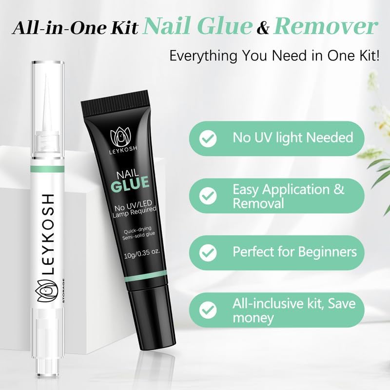 Nail Glue for Press Ons - 10g Quick Drying Semi-Solid Formula | 5ml Remover Pen Set for Easy Application & Gentle Removal
