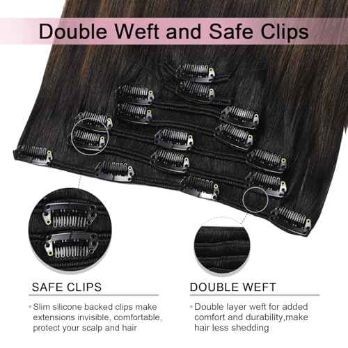 Pro2.0 Clip in Hair Extensions Real Human Hair 120g Thick 7pcs Color #1BT4 Natural Black Fading to Middle Brown Remy Real Human Hair Extensions Clip ins 14inch Double Weft£¨#1BT4-14inch£©
