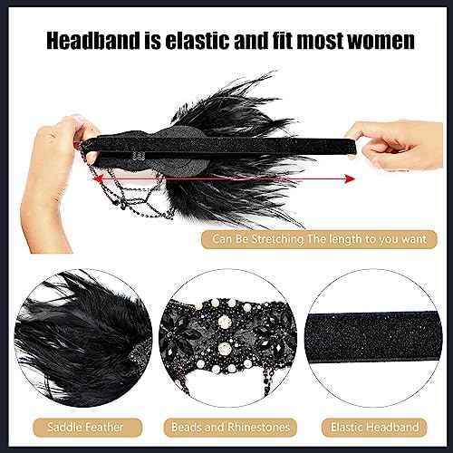 Women 1920s Flapper Set with Headband Beaded Necklaces Earrings Gloves for Vintage Wedding Costume Accessories