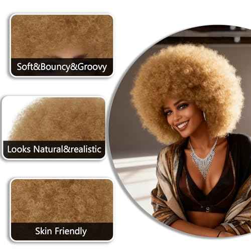 70s Afro Wig for Black Women Blonde Afro Kinky Curly Wig With Bangs Bouncy and Fluffy Heat Synthetic Short Afro Puff Wigs for Daily Party Costume Cosplay Halloween£¨Blonde,10inch£©