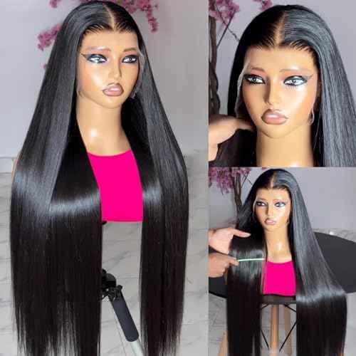 13x6 Lace Front Wigs Human Hair 180 Density HD Transparent Straight Lace Front Human Hair Wigs for Women Straight Lace Front Wigs Pre Plucked with Baby hair Natural Color (24 Inch)