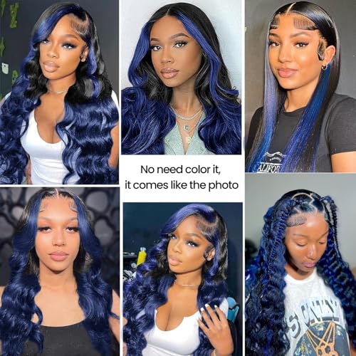 ALHER #1B/BlueBody Wave 13x4 Lace Frontal Human Hair, Black Mix Blue HD Transparent Lace Frontal Closure Ear to Ear 100% Virgin Remy Human Hair for Black Women 150% Density 16 Inch