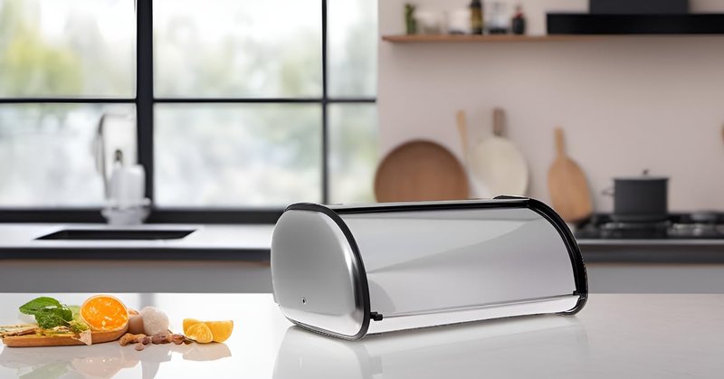 HOME IT Stainless Steel Bread Box for Kitchen Countertop, Large Bread Storage Bin with Roll Top Lid, Keeper for Loaf, Bagels & Pastries, Metal, 16.5 x 10 x 8 Inch