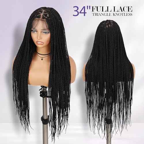 360 Full Lace Knotless Box Braided Wig, Long Black Synthetic Hair, Triangle Lace Front (Black, 34 inches)