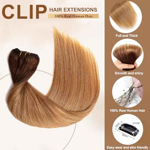 16A Premium Clip in Hair Extensions Real Human Hair, 20inch 120g 7pcs£¨Service life1.5~2 years£©Remy Seamless Invisible Double Weft Human Hair, #T4/27 Balayage Multiple Washes Keep Texture Soft