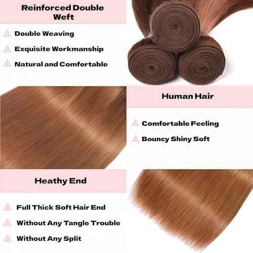 Light Brown Bundles Human Hair Straight 20 22 24 Inch Straight Human Hair Weave 3 Bundles Silky Hair Bundles Brazilian 3 Bundles Human Hair Extensions 30 Color