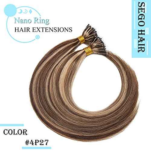 SEGO Nano Tip Hair Extensions Human Hair Balayage Nano Ring Beads Pre-bonded Seamless Highlight Extensions for Women 1g/strand 50g/pack -22 Inch 4P27 Medium Brown&Dark Blonde