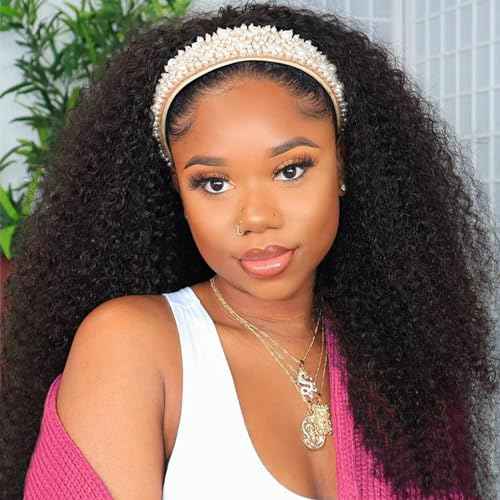 Headband Wig Human Hair Kinky Curly Human Hair Curly Headband Wig 150% Density Wear and Go Glueless None Lace Front Wig Machine Made Wigs for Black Women Natural Color 26Inch
