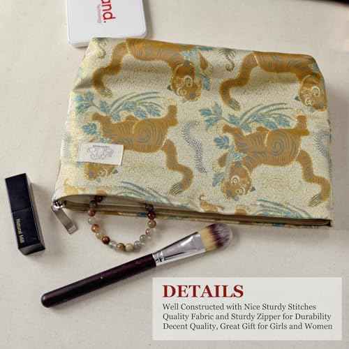 HAPPYHEIDI Cute Pouch Makeup Bag Cosmetic Toiletry Travel, Tote Purse Organizer, Machine Washable, Large Capacity, Champagn Golden Brown Baby Tiger