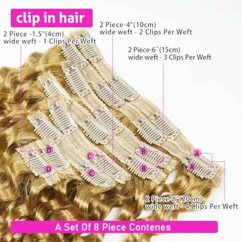 Curly Clip in Hair Extensions Real Human Hair 24inch 120g Invisible & Seamless 100% Brazilian Remy Human Extension Deep Wave Clip ins Extensions Double Weft 8 PCS with 20 Clips #27 Honey Blonde