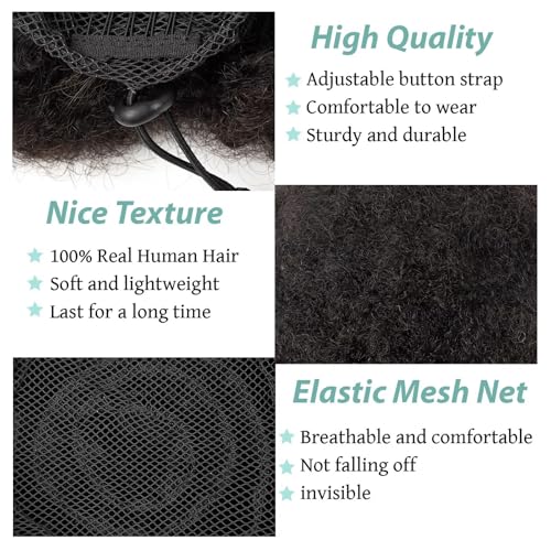 Afro Puff Clip On Human hair Drawstring Ponytail for Black Women,Ponytail Extension 8 Inch #1B Natural Black 60g Short Afro Kinkys Curly Afro Bun Extension Hairpiece