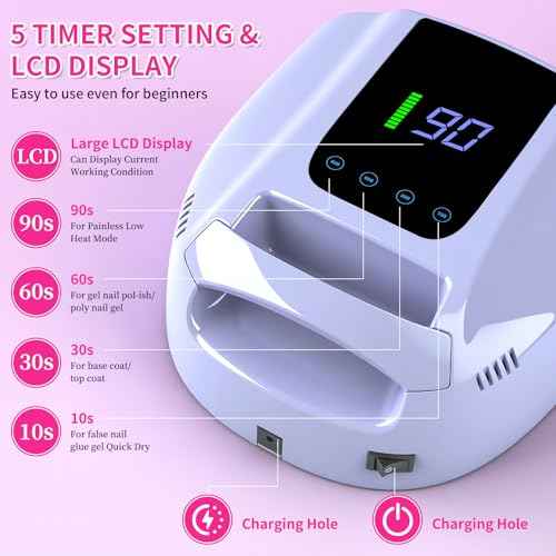 ANGNYA 96 W Rechargeable U V Lights for Nails, LED Nail Lamp with 42 Beads Nail Dryer Portable Nail Lamp Gel U V Led Nail Lamp with 4 Timer Setting Sensor and LCD Display