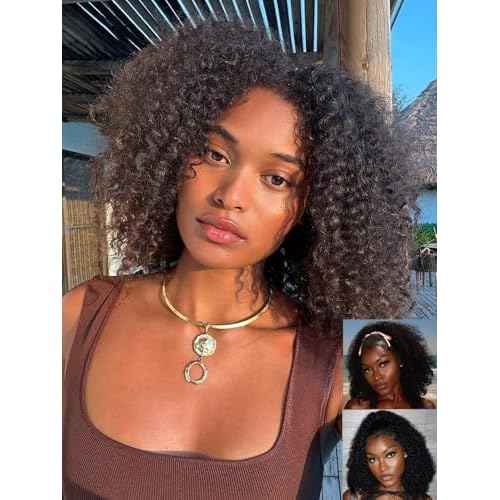 ORIGINAL QUEEN Kinky Curly Half Wig Human Hair Wear And Go Glueless Wigs Curly 3 In 1 Half Wigs for Women Drawstring Seamless Flip Over Glueless Wigs Beginner Friendly 18 Inch