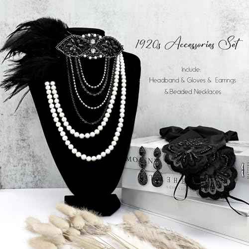 Women 1920s Flapper Set with Headband Beaded Necklaces Earrings Gloves for Vintage Wedding Costume Accessories