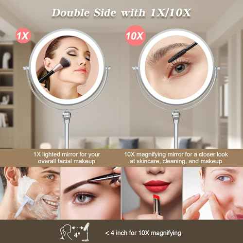 9" Large Lighted Makeup Mirror with 1X/10X Magnification, 4000mAh Rechargeable Vanity Mirror with Height Adjustable & 3 Color Dimmable Lights, 360¡ÆSwivel Double Sided Tabletop Cosmetic Mirror