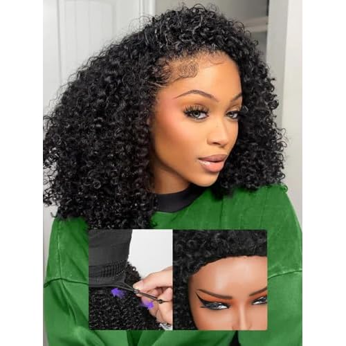 Kinky Curly Half Wig Human Hair 200% Density Wear Go Glueless Wigs Human Hair 3 In 1 Drawstring Seamless Flip Over Wig for Women Daily Wear Headband Wig Beginner Friendly Black (16inch)