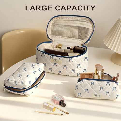 TOPEAST Christmas Gifts for Women Girls - 3Pcs Travel Makeup Bag Large Cute Quilted Make Up Bag for Purse, Portable Big Cosmetic Brush Pouch, Blue Bow