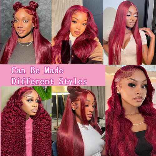 99J Burgundy Lace Front Wigs Human Hair 13x6 HD Transparent Body Wave Lace Front Wigs Pre Plucked 99j Burgundy Red Wine Glueless Human Hair Wigs for Women Reddish Brown 180% Density 30 Inch