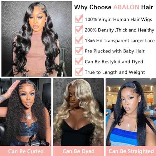 ABALON 13x6 Lace Front Wigs Human Hair Pre Plucked 200% Density Body Wave Wig HD Lace Frontal Wigs Human Hair for Women Natural Color Glueless Wigs Human Hair Pre Plucked 18 Inch