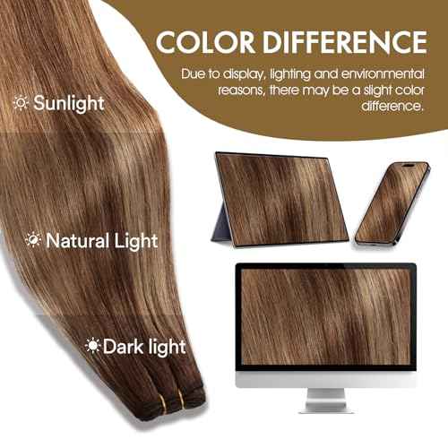 Sew in Hair Extensions Real Human Hair, 110g 24 inch Ombre Color 4/27/4 Balayage Chocolate Brown to Caramel Blonde Double Weft Weave Bundles Remy Human Hair Extensions Straight