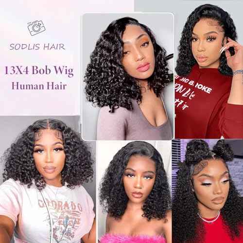 SODLIS Short Curly Bob Wig Human Hair 13x4 Lace Front Wigs Brazilian Virgin Human Hair Lace Frontal Curly Wigs For Black Women Pre Plucked with Baby Hair 150% Density (16 Inch)