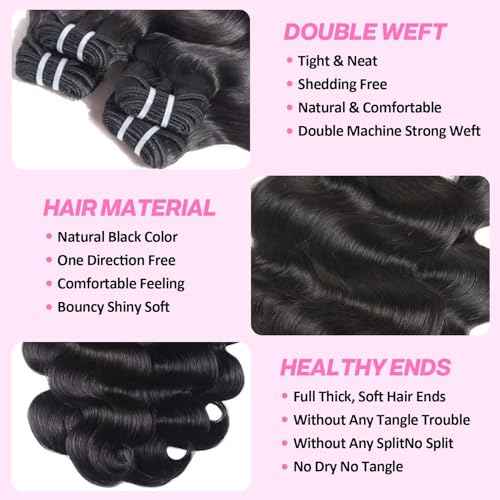 12A Body Wave Human Hair Bundles 16 18 20 Inch 100% Unprocessed Brazilian Virgin Human Hair 3 Bundles Quick Weave Extensions Natural Black For Women