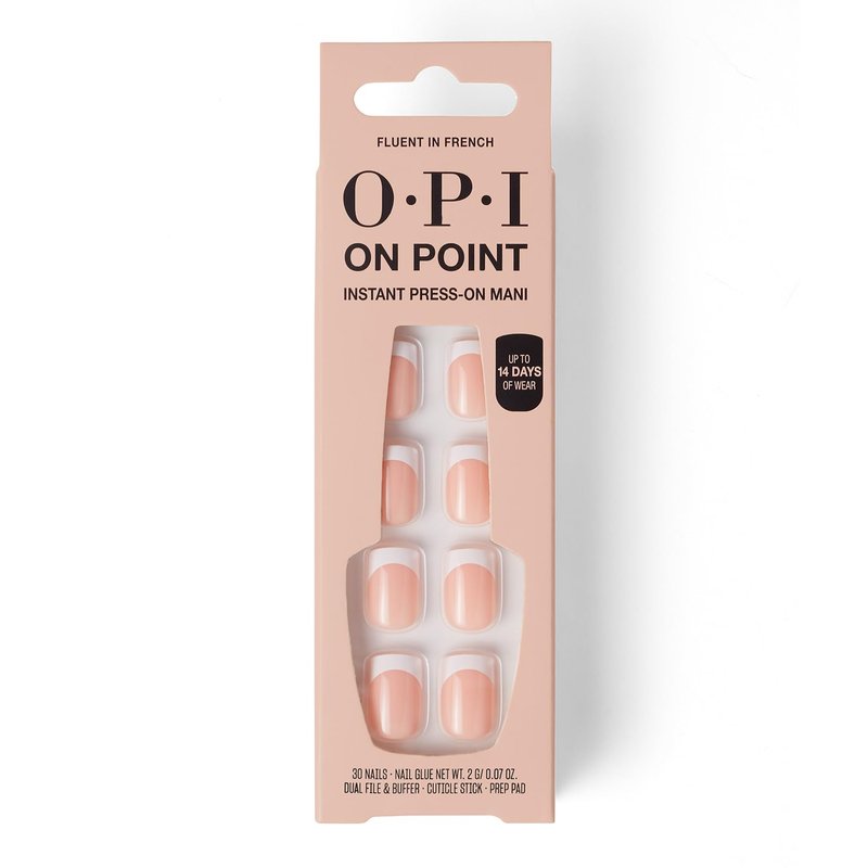 OPI On Point Fluent in French | Short Squoval Nude Pink & White French Tip Press On Nails | 30 Count with Nail Glue | Long Lasting, Reusable, Non-damaging