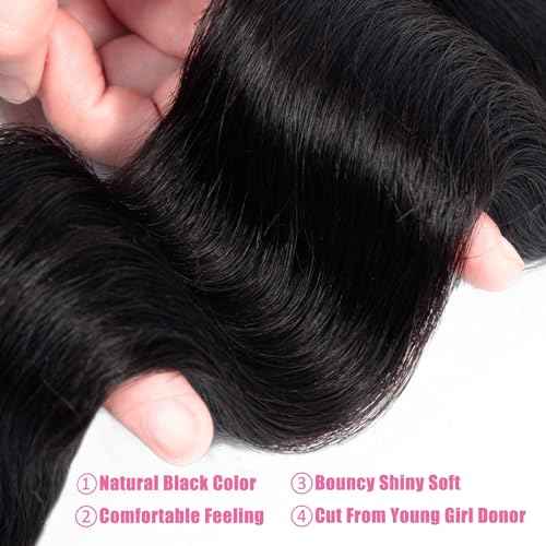 Douyin Brazilian Body Wave 3 Bundles Human Hair 16 18 20 Inch 12A 100% Unprocessed Virgin Human Hair Weave Bundles Deals Natural Black Color (1B Black£¬16 18 20)