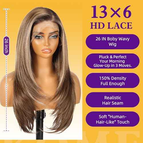 Brown Highlight Synthetic Lace Front Wig, 13X6 HD Long Straight Layered Glueless Wigs for Women Daily Use 26IN £¨TT6/116 £©
