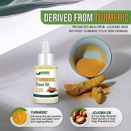 AMVital Turmeric Face Oil for Daily Use - Lightweight Facial Oil with Plant-Based Ingredients - Fast-Absorbing Formula for Smooth Looking Skin - 30ml Bottle