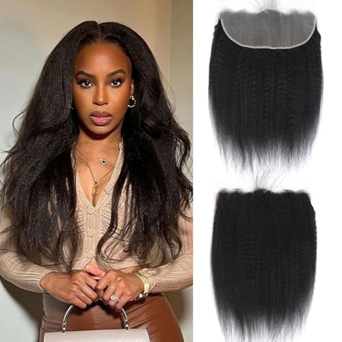 13x6 Frontal Kinky Straight HD Lace Frontal Human Hair Transparent HD Lace Yaki Straight Frontal Closure 100% Human Hair Ear to Ear Lace Frontal Natural Black Color 14 Inch 150% Density